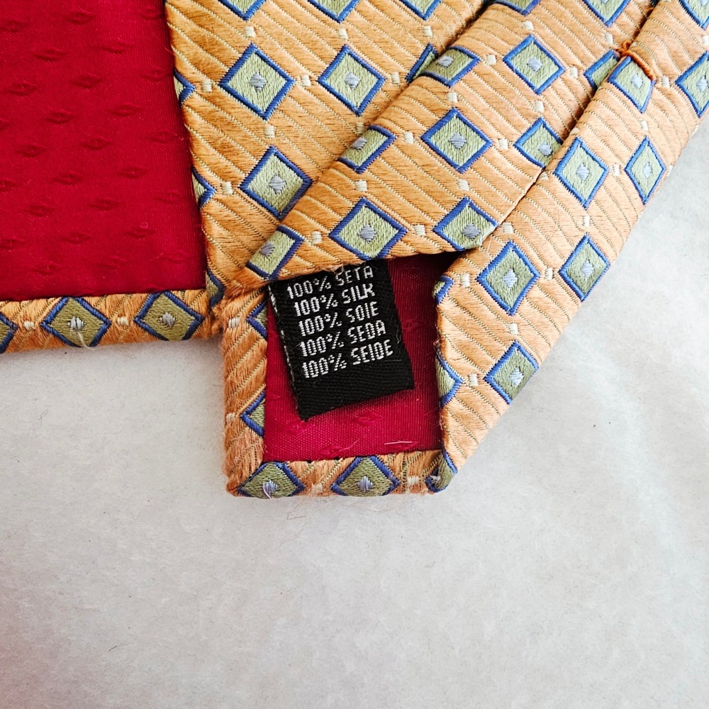 Zianetti Mens Silk Necktie Orange Blue Green Geometric Square Pattern Silk Tie - Picture 4 of 4